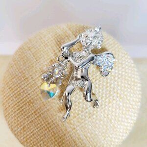 KIRKS FOLLY Silver Tone ANGEL BROOCH PIN Dangle Heart AB CRYSTALS RHINESTONES